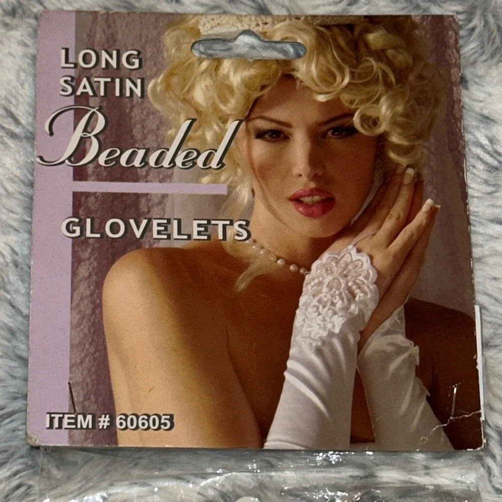 Forum Novelties Long Satin Beaded Glovelets White Lace Pearl Sequin 60605 NEW